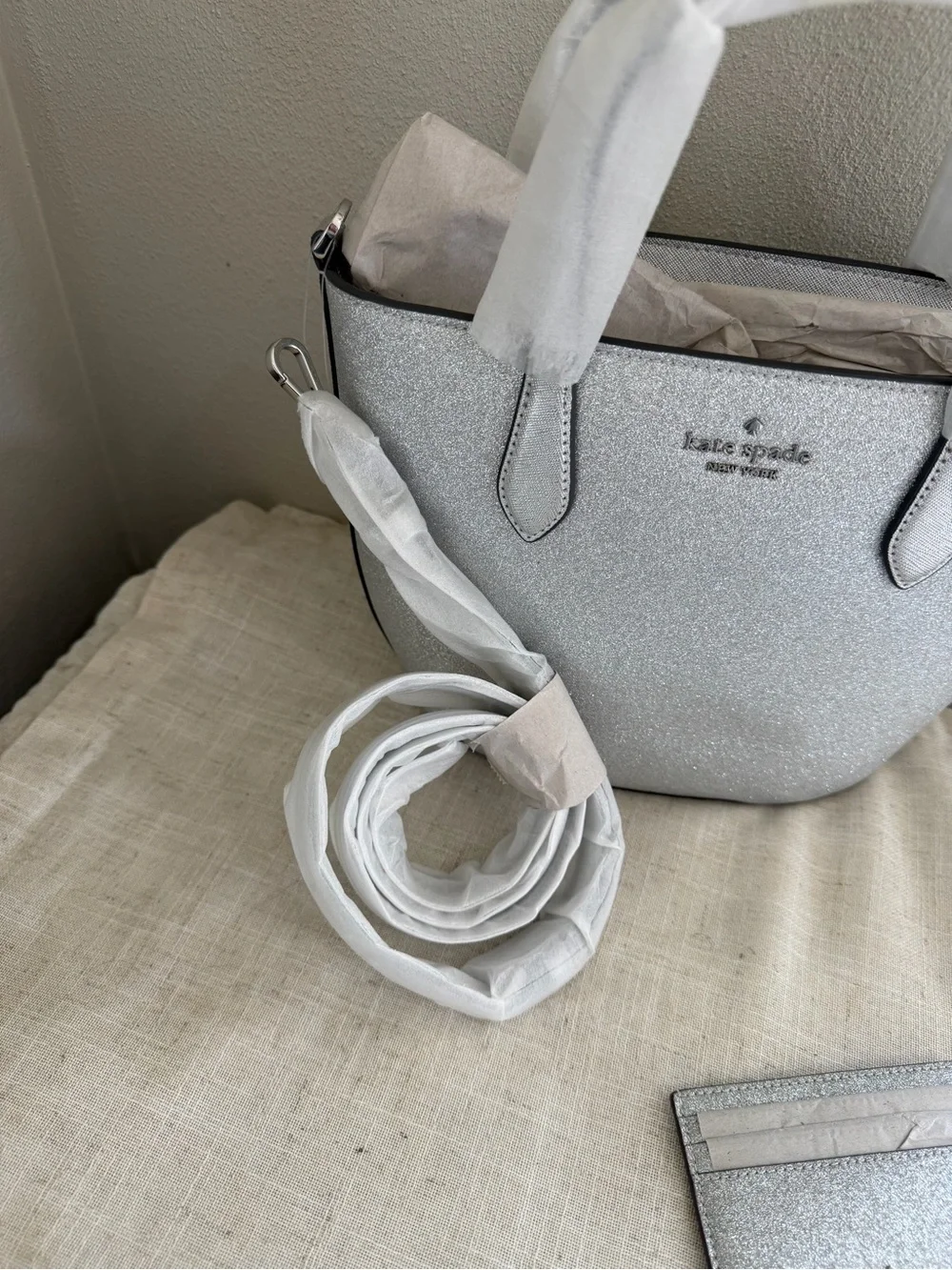 kate spade Silver Glitter Lunar Light Crossbody Bag with Cardholder NWT